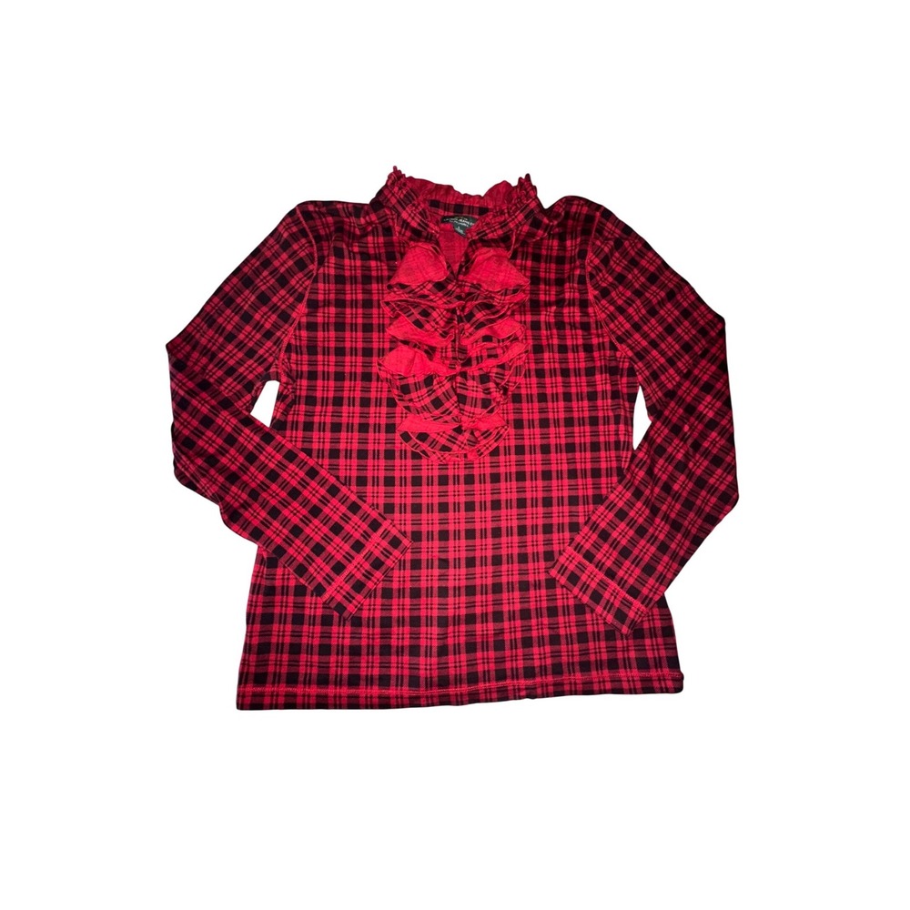 Lauren Ralph Lauren Red Black Plaid Ruffle Front Long Sleeve Knit Top Large